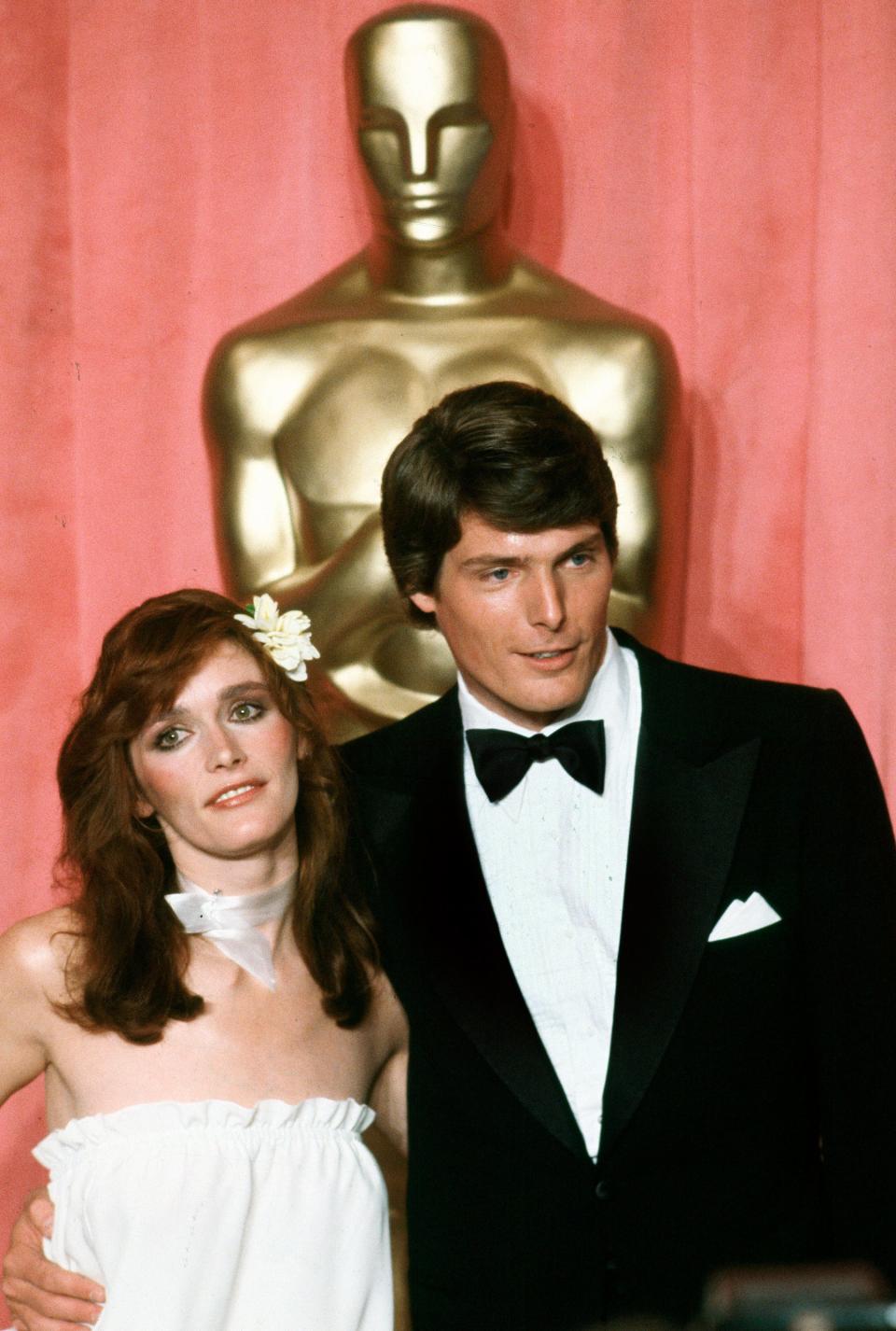 Margot Kidder (aka Lois Lane), left, and Christopher Reeve (Superman/Clark Kent) pose at the Academy Awards in Los Angeles on April 9, 1979, where they celebrated the massive success of "Superman."