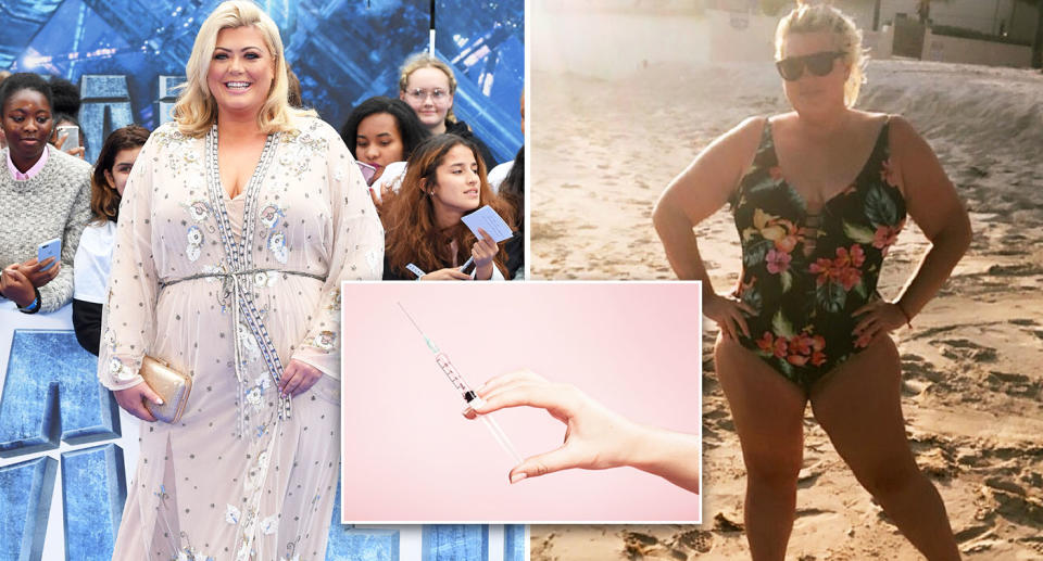 Gemma Collins pictured in 2017 (left) and earlier this year in a bikini. [Photo: Getty/Instagram]