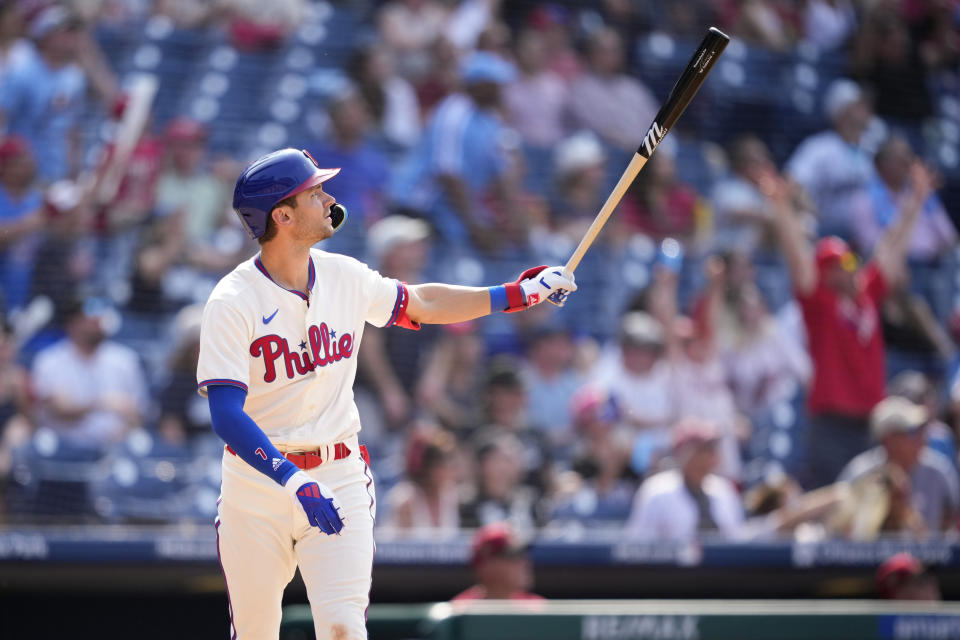 Philadelphia Phillies' Trea Turner watches after hitting a two-run home run against Arizona Diamondbacks relief pitcher Jose Ruiz during the ninth inning of a baseball game, Wednesday, May 24, 2023, in Philadelphia. (AP Photo/Matt Slocum)