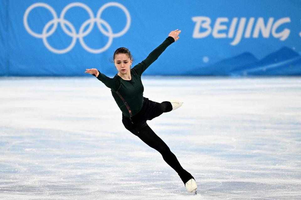 Russia’s Kamila Valieva attends a training session on 11 February 2022 prior the Figure Skating Event at the Beijing 2022 Olympic Games (AFP via Getty Images)
