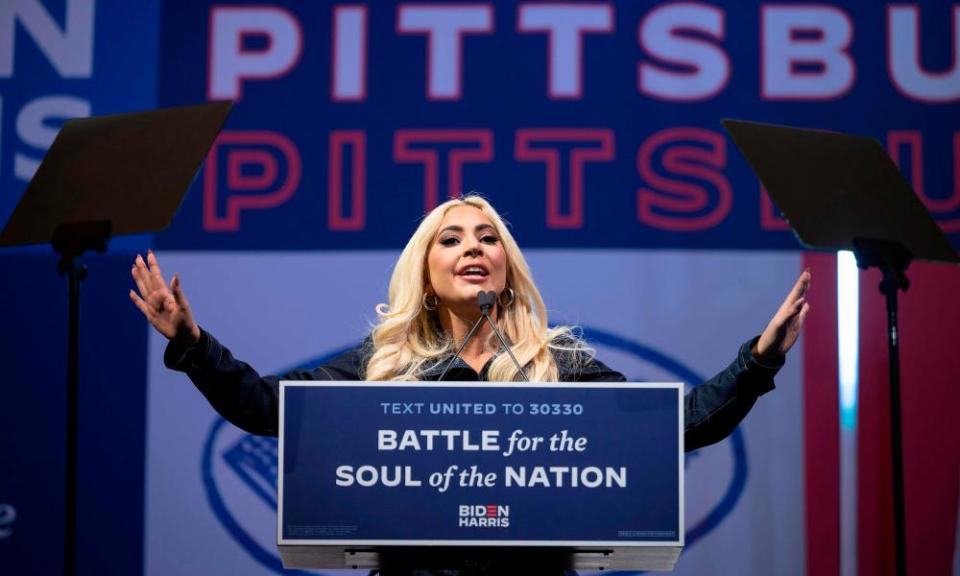 Lady Gaga speaks during a Biden rally in Pittsburgh, Pennsylvania, on 2 November 2020.
