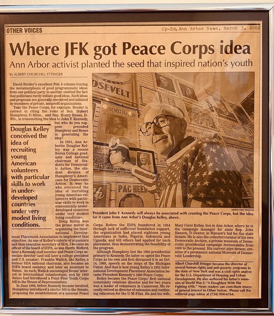 An article from the Ann Arbor News in 2002 about Douglas Kelley, a Lansing native and Michigan State University alumnus who conceived of and piloted the concept that would become the Peace Corps. Kelley died Jan. 12.