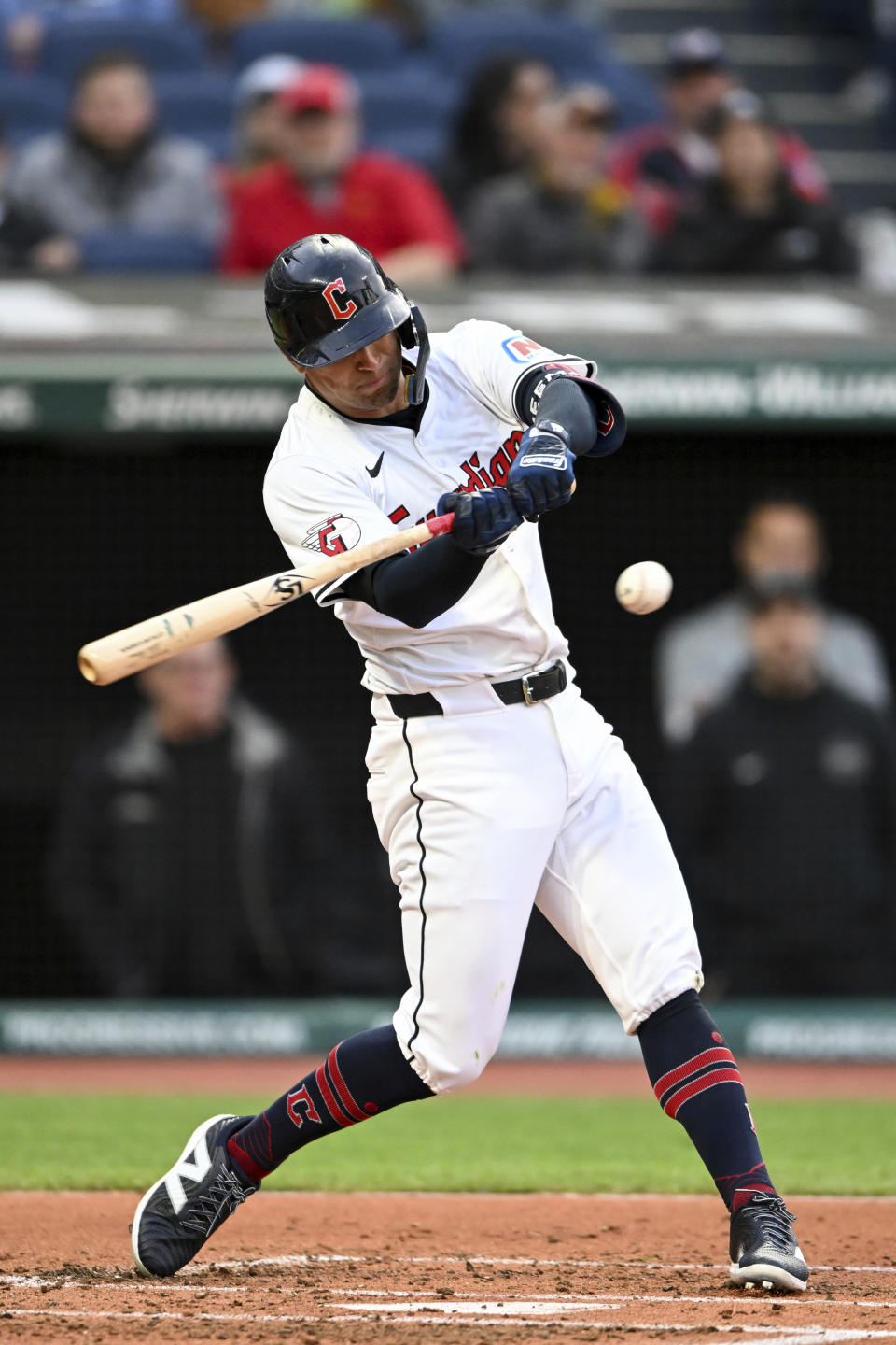 Cleveland Guardians' Tyler Freeman hits a two-run home run off Oakland Athletics starting pitcher Joe Boyle during the second inning of a baseball game Friday, April 19, 2024, in Cleveland. (AP Photo/Nick Cammett)