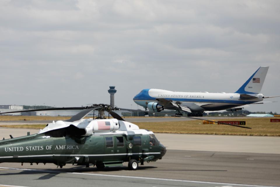 Coming in to land: Air Force One makes its way along the runway at Stansted Airport. (Getty)