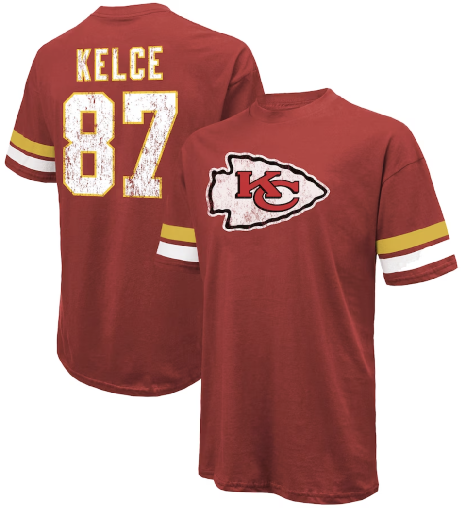 red t-shirt with Kansas City Chiefs logo and Travis Kelce's name
