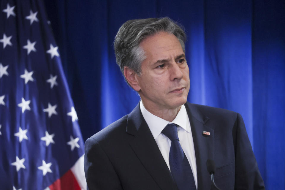 U.S. Secretary of State Antony Blinken holds a news conference in the Beijing American Center at the U.S. Embassy in Beijing, China, Monday, June 19, 2023. (Leah Millis/Pool Photo via AP)