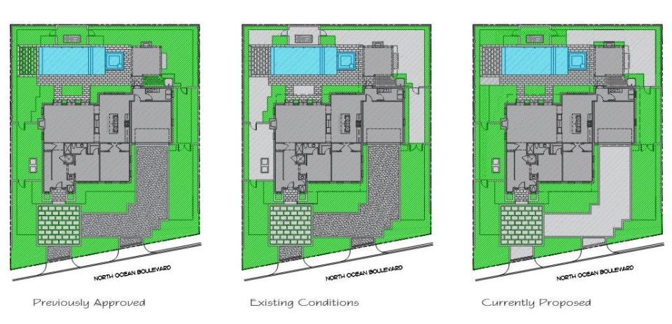 Site plans depict the amount of artificial turf being contested at 1464 N. Ocean Blvd. The original site plan approved by the town, left, did not include any turf installation. The second site plan, center, depicts the turf installed in October in light gray. The final plan, right, depicts the revised project as it was presented to the Architectural Commission in April, with artificial turf only at the site's northwest corner in the upper right.