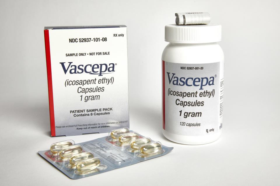 FILE - This undated photo provided by Amarin in November 2018 shows capsules and packaging for the purified, prescription fish oil Vascepa. On Thursday, Nov. 14, 2019, government health advisers recommended broader use of the prescription-strength fish oil drug to prevent heart attack, stroke and other life-threatening health problems. (Amarin via AP)