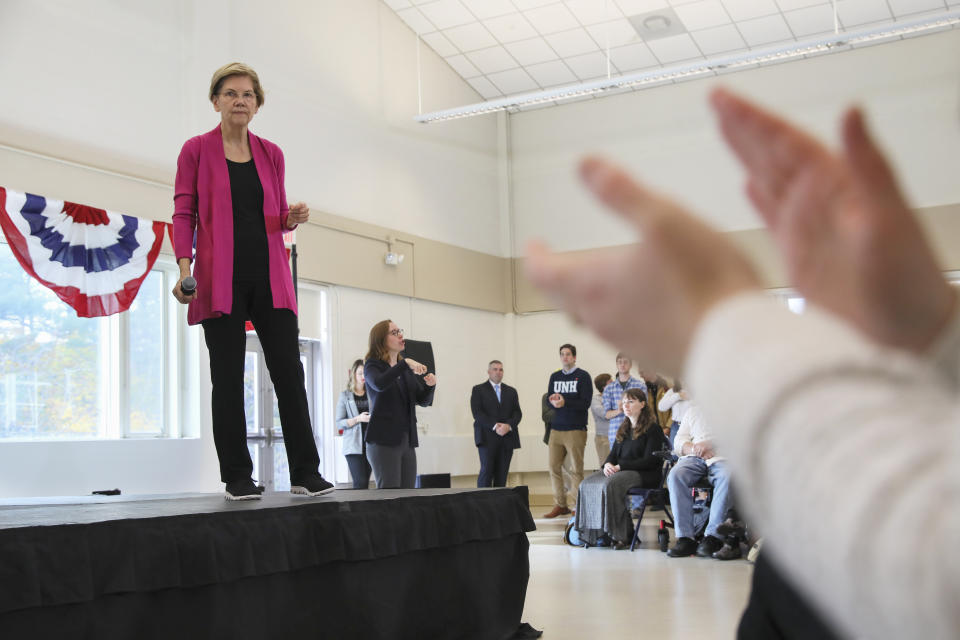 Democratic presidential candidate Sen. Elizabeth Warren, D-Mass., pauses while audience members applaud during a campaign event Wednesday, Oct. 30, 2019, at the University of New Hampshire in Durham, N.H. (AP Photo/ Cheryl Senter)