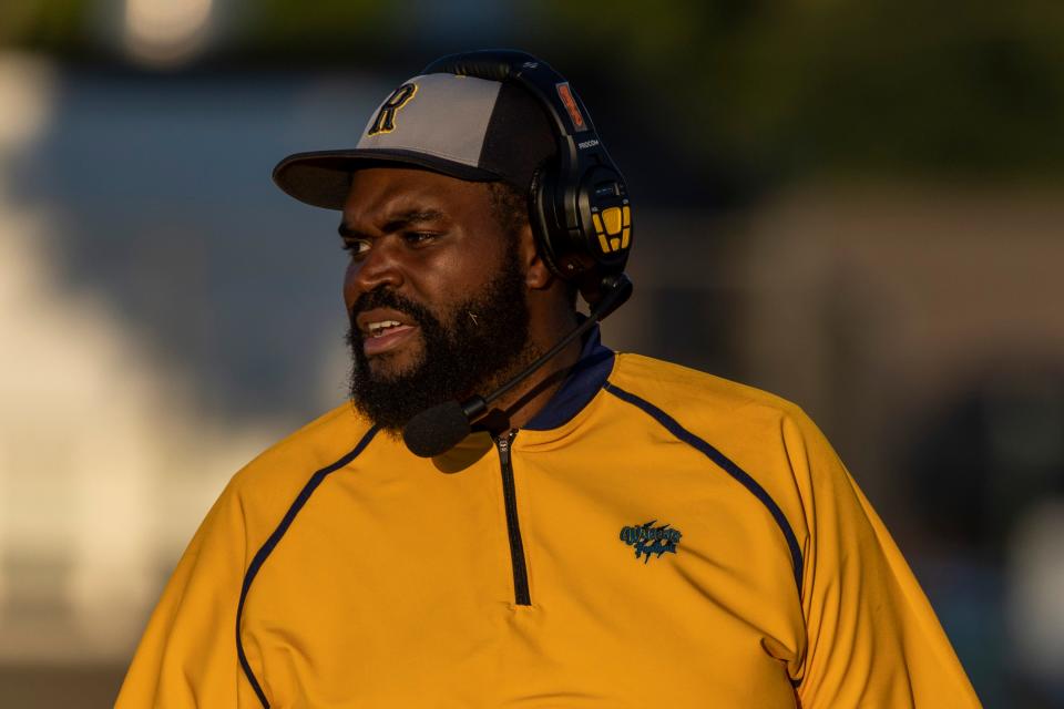 Riley’s head coach Darrick  Lee Jr. during the John Glenn-South Bend Riley high school football game on Friday, August 26, 2022, at Jackson Field in South Bend, Indiana.