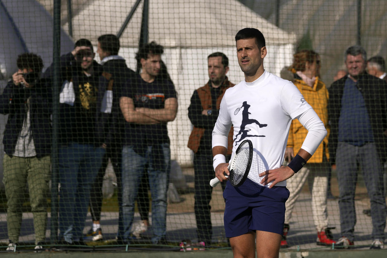Serbian tennis player Novak Djokovic during his open practise session in Belgrade, Serbia, Wednesday, Feb. 22, 2023. Djokovic said Wednesday he still hopes US border authorities would allow him entry to take part in two ATP Masters tennis tournaments despite being unvaccinated against the coronavirus. (AP Photo/Darko Vojinovic)