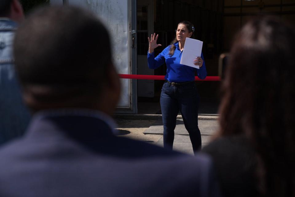 May 21, 2024; Leonia, NJ, USA; Anna Gassib, executive director of the Bergen Equestrian Center, speaks during the grand opening of the Equine Wellness and Equine Emotional Support Center at Bergen Equestrian Center.