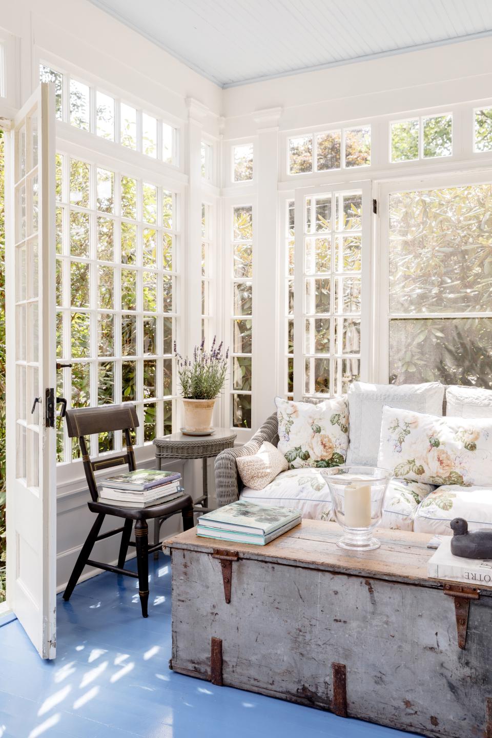 The sun room was one of the latest additions to the home, probably added around the turn of the century. The coffee table is an 18th-century Nantucket captain’s chest.