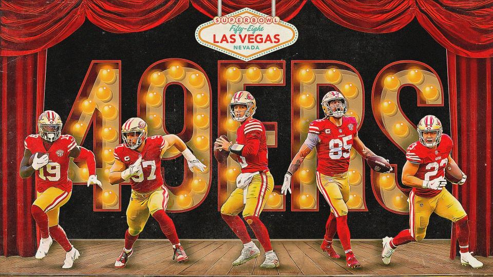 Las Vegas graphic featuring images of San Francisco 49ers players Deebo Samuel, Nick Bosa, Brock Purdy, George Kittle and Christian McCaffrey