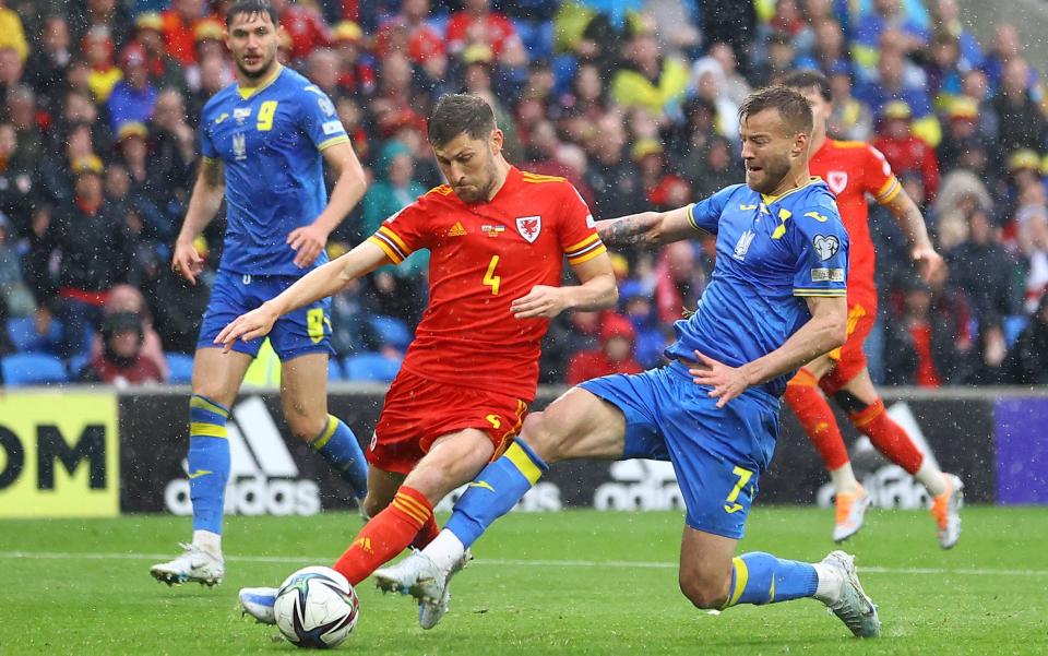 Ben Davies of Wales blocks a shot from Andriy Yarmolenko of Ukraine during the FIFA World Cup Qualifier between Wales and Ukraine at Cardiff City Stadium on June 05, 2022 in Cardiff, Wales - Getty Images Europe 