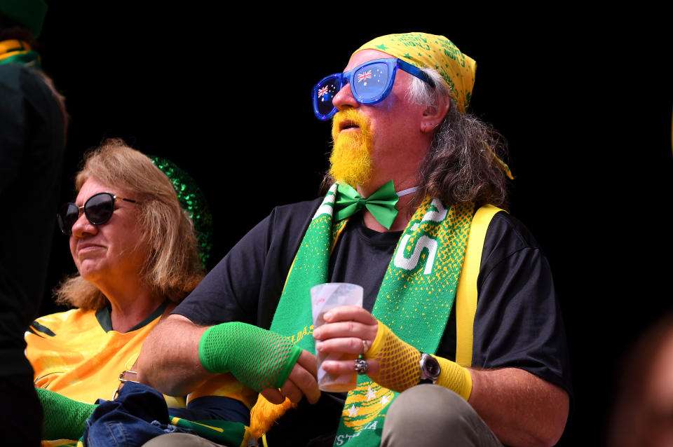 A Australia fan looks on prior to the 2019 FIFA Women's World Cup France group C match between Australia and Italy at Stade du Hainaut on June 09, 2019 in Valenciennes, France. (Photo by Alex Caparros - FIFA/FIFA via Getty Images)