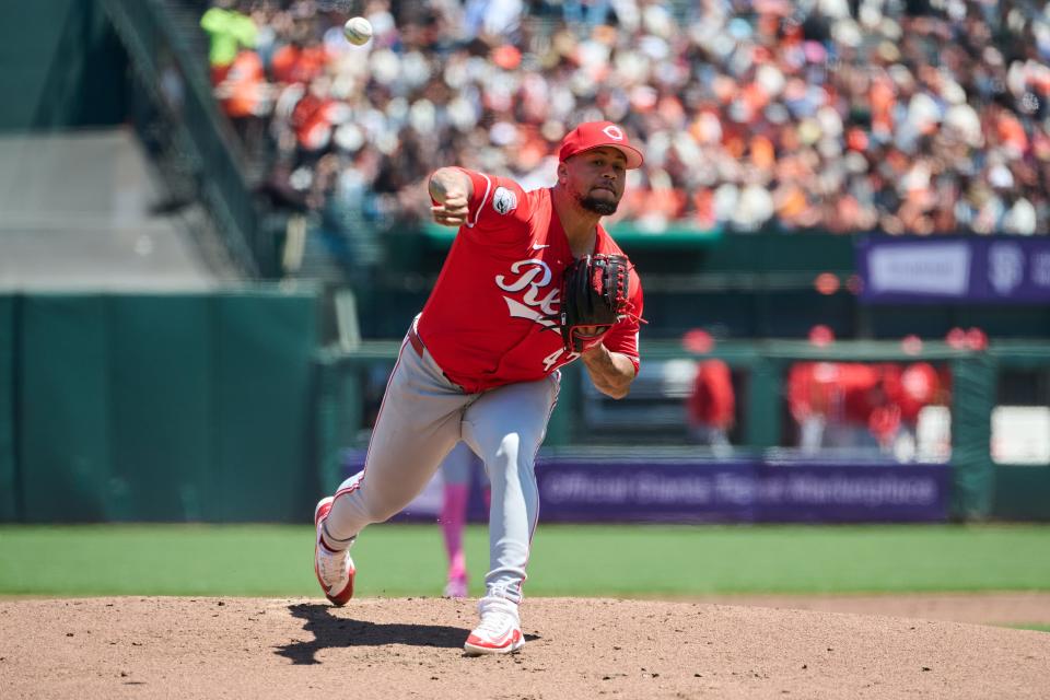 Reds starter Frankie Montas, shown here pitching against the Giant in his previous start, allowed three runs while struggling through five innings, allowing only four hits but two were home runs from Mookie Betts and Shohei Ohtani.