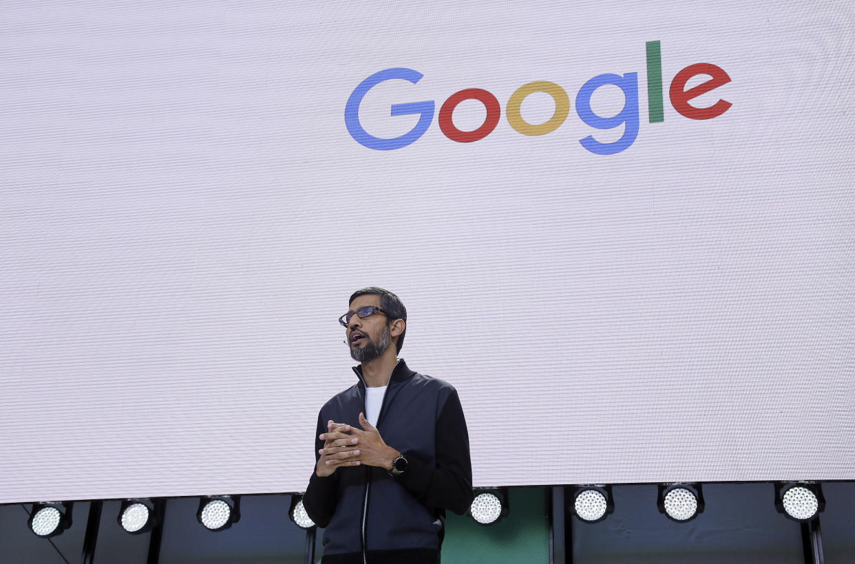 Google CEO Sundar Pichai delivers the keynote address of the Google I/O conference, Wednesday, May 17, 2017, in Mountain View, Calif. Google provided the latest peek at the digital services and gadgets that it has assembled in the high-tech tussle to become an even more influential force in people's lives. (AP Photo/Eric Risberg)