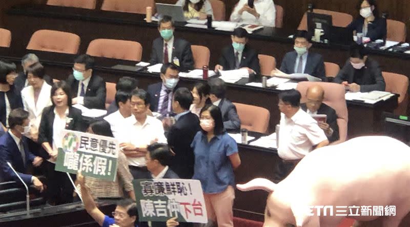 國民黨團將大型道具豬扛進議場，當面向蘇貞昌、陳吉仲等人抗議。（圖／記者林恩如攝影）