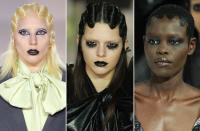 <p>FW16 Models including Lady Gaga and Kendall Jenner wore wet finger waves with straight ends, and a third model had painted-in glittery hair. Each had bleached brows and unique eye makeup. (Photo: Getty Images) </p>