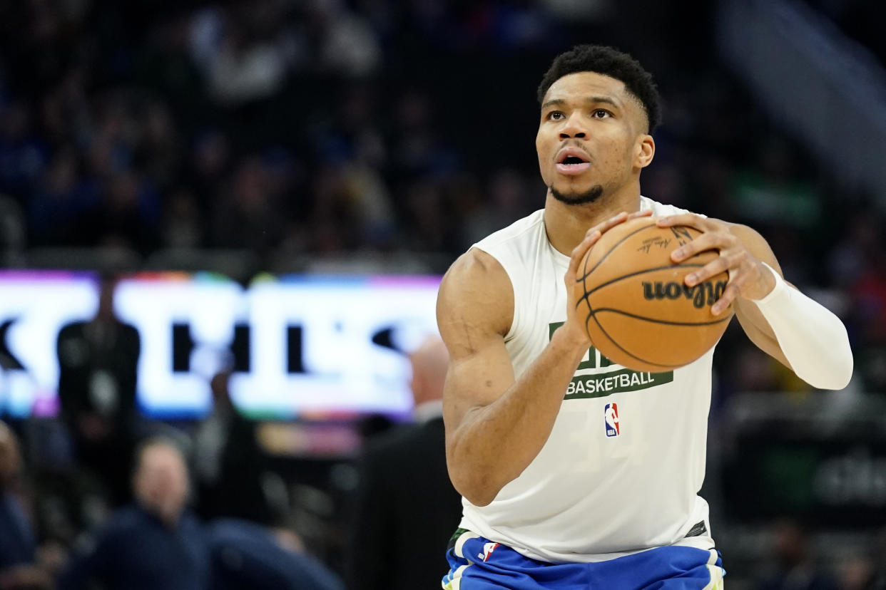 Milwaukee Bucks' Giannis Antetokounmpo will compete with his brothers in the NBA All-Star Saturday Skills Challenge. (AP Photo/Aaron Gash)