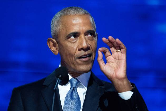 Former President Barack Obama speaks at the DNC in Chicago, IL, on Aug. 20, 2024. - Credit: Tom Williams/CQ-Roll Call, Inc via Getty Images