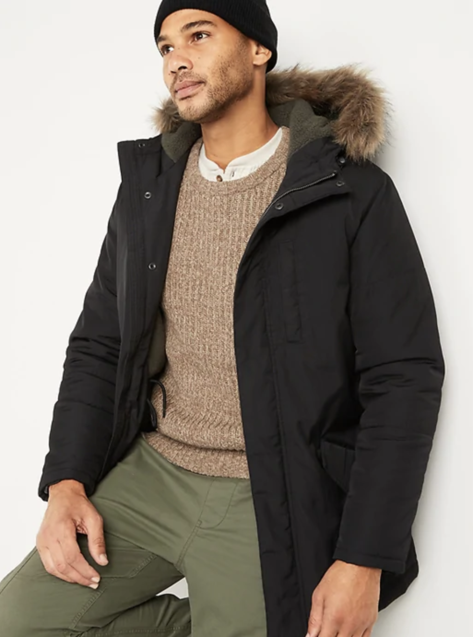 Hooded Faux-Fur Trim Parka Coat for Men is on sale at Old Navy for Cyber Monday, $62 (originally $125). 