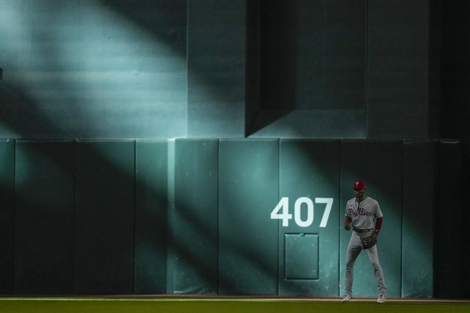 Philadelphia Phillies center fielder Brandon Marsh waits to play during the fifth inning in Game 3 of the baseball NL Championship Series against the Arizona Diamondbacks in Phoenix, Thursday, Oct. 19, 2023. (AP Photo/Brynn Anderson)