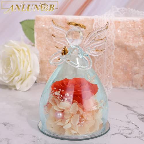 7) ANLUNOB Mothers Day Birthday Gifts for Women Mom Grandma Wife, Glass Angel Figurines Gifts with Pretty Orange Flowers for Anniversary Wedding