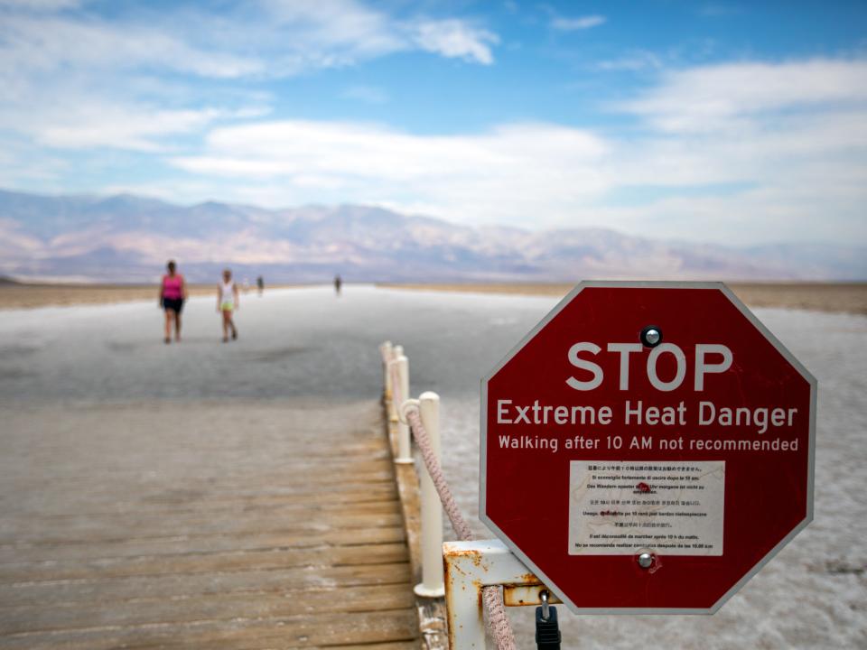 An extreme heat danger sign at Badwater Basin, Death Valley National Park, on Monday, July 17, 2023, in Death Valley, CA.