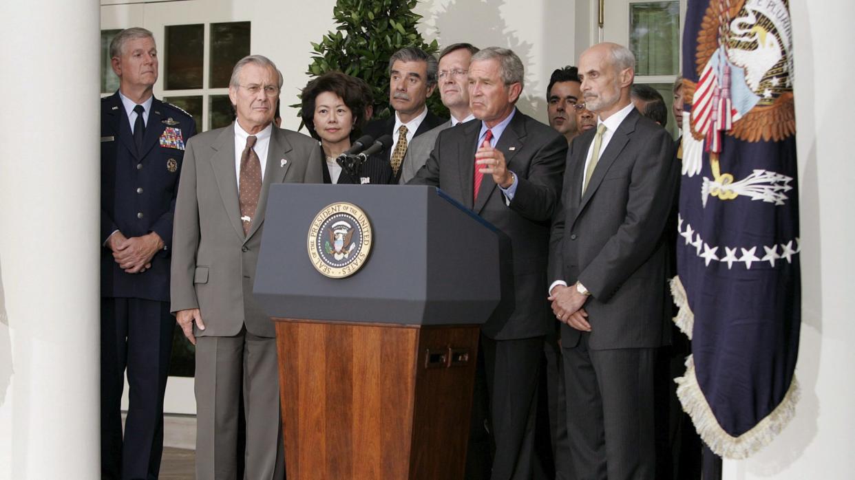 Mandatory Credit: Photo by Shawn Thew/EPA/Shutterstock (7887280e)U S President George W Bush with His Cabinet Including Secretary of Homeland Security Micheal Chertoff (r) Secretary of Education Alphonso Jackson (2-r) Secretary of Health and Human Services Michael Leavitt(5l) Secretary of Commerce Carlos Gutierrez (4-l) Secretary of Labor Elaine Chao (3-l) Secretary of Defense Donald Rumsfeld (2-l) and Chairman of the Joint Chiefs of Staff General Richard B Meyers Speaks to the New Media After a Task Force On Hurricane Katrina Recovery Meeting in the Cabinet Room in the Rose Garden of the White House Wednesday 31 August 2005 President Bush Said That It Will Take Years For the Recovery of New Orleans and the Gulf Coast RegionUsa Bush Hurricane Katrina - Aug 2005.