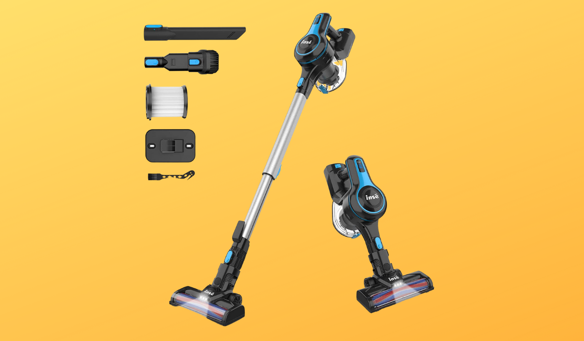 Cordless stick vacuum with attachments.