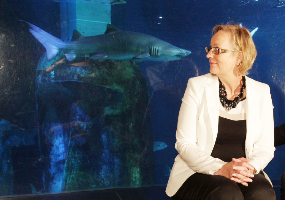 Julie Girling in the shark pool at Sealife London Aquarium (Getty)