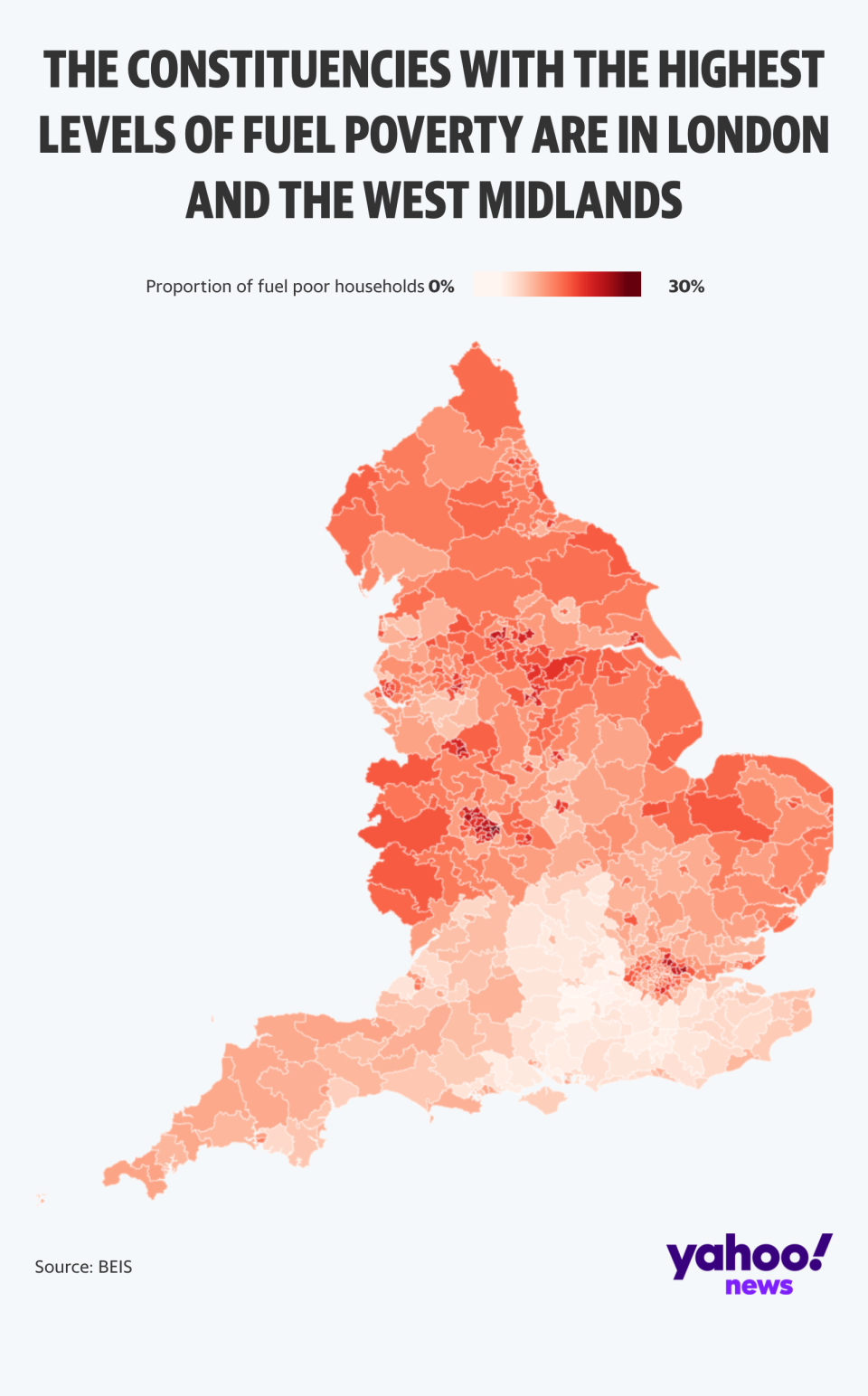 Fuel poverty levels by parliamentary constituency. (Yahoo News UK)