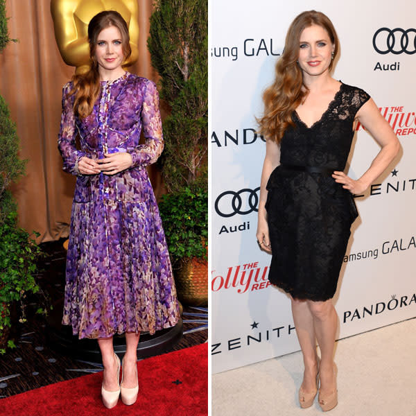 <b>Amy Adams </b><br><br>The Master actress donned a floral print J. Mendel gown at the <a href="http://uk.lifestyle.yahoo.com/photos/oscar-nominees-luncheon-red-carpet-fashion-slideshow/" data-ylk="slk:Oscar nominees luncheon;elm:context_link;itc:0;sec:content-canvas;outcm:mb_qualified_link;_E:mb_qualified_link;ct:story;" class="link  yahoo-link">Oscar nominees luncheon</a> and a black lace number at The Hollywood Reporter's Nominee's Night in LA.<br><br>Images © Rex