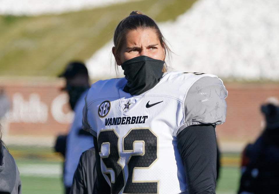 Nov 28, 2020; Columbia, Missouri, USA; Vanderbilt Commodores place kicker Sarah Fuller (32) warms up before a game against the Missouri Tigers at Faurot Field at Memorial Stadium. Mandatory Credit: Denny Medley-USA TODAY Sports