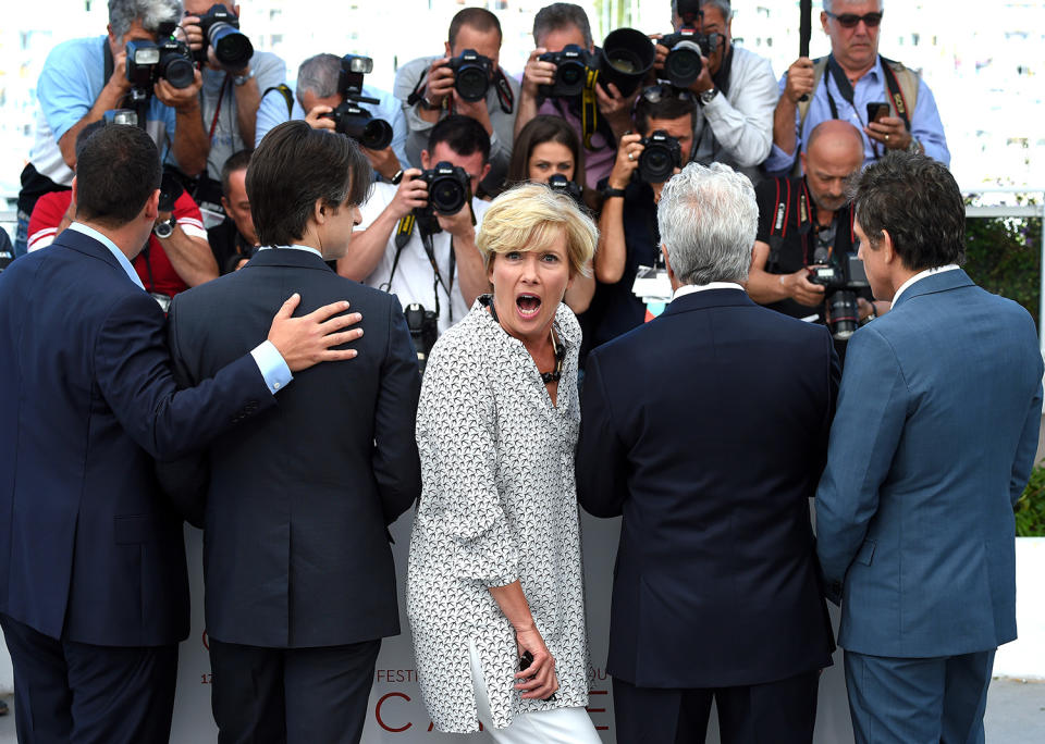 Emma Thompson turning away from cameras