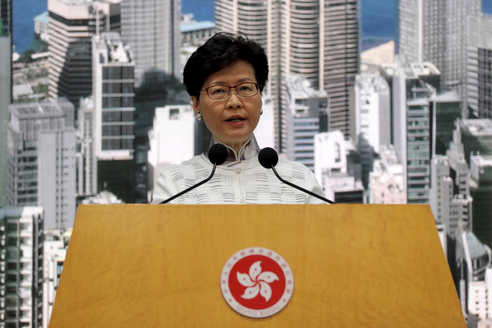 Hong Kong's Chief Executive Carrie Lam speaks at a press conference in Hong Kong Saturday, June 15, 2019. Lam said she will suspend a proposed extradition bill indefinitely in response to widespread public unhappiness over the measure, which would enable authorities to send some suspects to stand trial in mainland courts. (AP Photo/Kin Cheung)