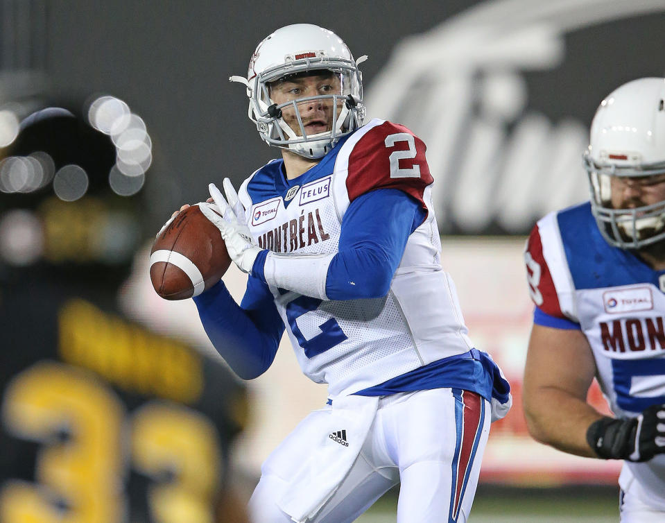 HAMILTON, ON - NOVEMBER 3:  Johnny Manziel #2 of the Montreal Alouettes fires a pass against the Hamilton Tiger-Cats in a CFL game at Tim Hortons Field on November 3, 2018 in Hamilton, Ontario, Canada. (Photo by Claus Andersen/Getty Images)
