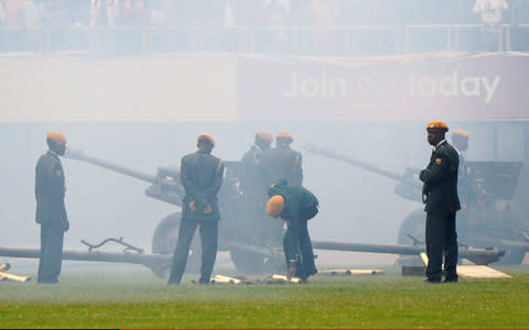 Gunners fire a 21 gun salute at the inauguration ceremony - Credit:  Anadolu/Wilfred Kajese