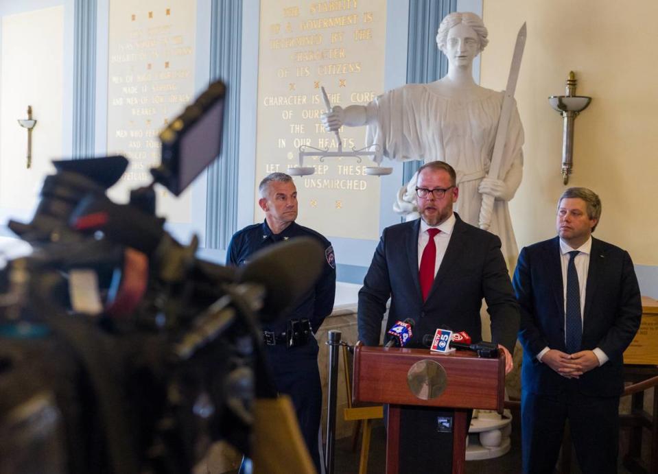 Clay County Prosecutor Zachary Thompson discusses charges against several suspects during a news conference on March 15, 2024, in connection with the North Kansas City High School shooting that happened on March 2 outside the campus after a boys basketball game.