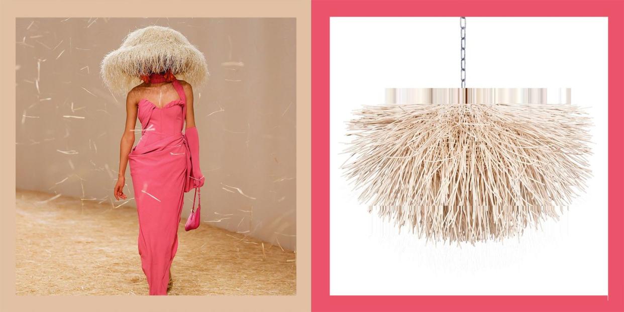 on the left is a model draped in a coral slinky dress wearing a large hat that covers her head that looks like a beige sea urchin and on the right is a pendant light that look just like the hat as a beige sea urchin