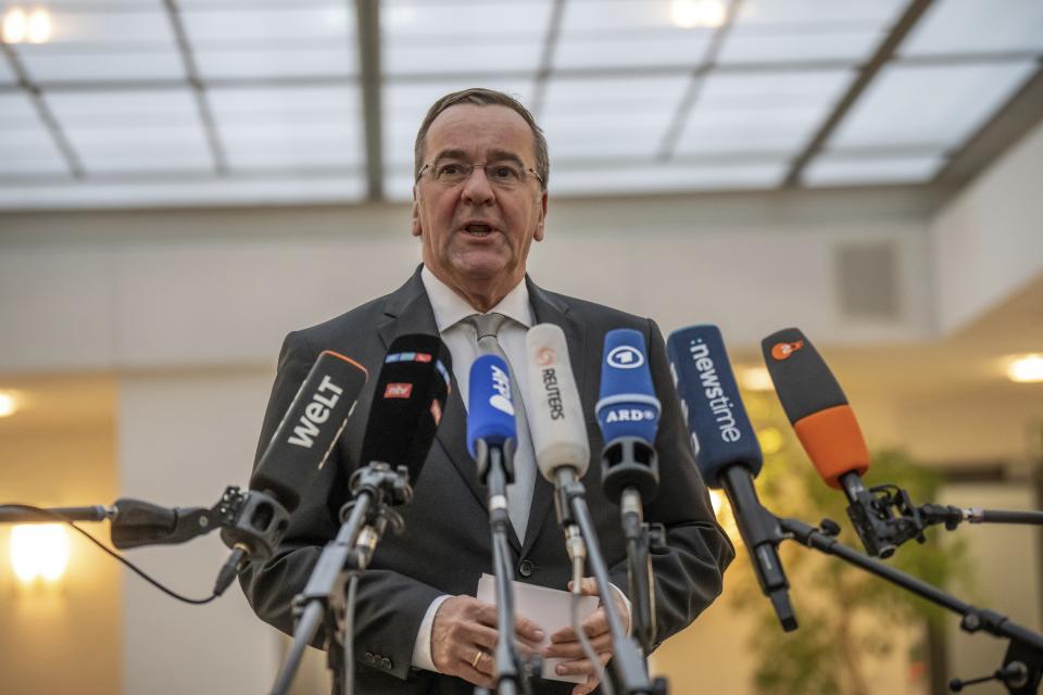 FILE - German Defence Minister Boris Pistorius addresses the media during a press statement in Berlin, Germany, Sunday, March 3, 2024. The German government on Monday vehemently rejected allegations that Russia's leak of a conversation by high-ranking German military officers was an indication that Germany was preparing a war against Russia, while at the same time it sought to contain the domestic fallout from the leak and promised a quick investigation into how it was possible that a conversation by top German military personnel could be intercepted and published. (Michael Kappeler/dpa via AP, File)