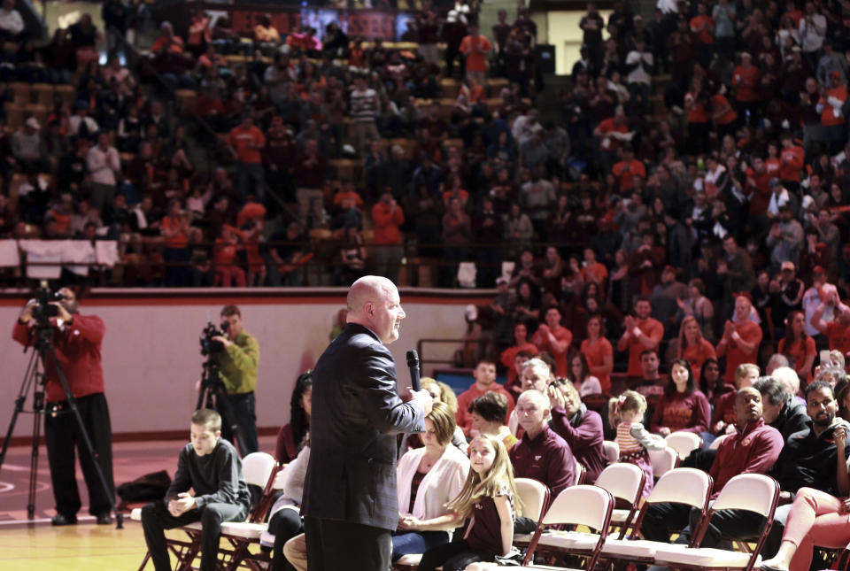 Virginia Tech coach Buzz Williams addresses fans during the team's NCAA men's basketball tournament selection-show viewing event in Blacksburg, Va., Sunday, March 12 2017. (Matt Gentry/The Roanoke Times via AP)