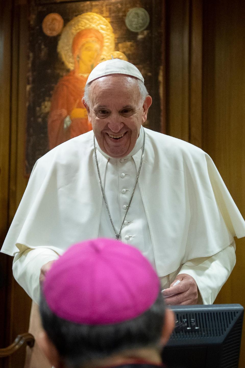 This photo taken and handout on February 21, 2019 by the Vatican Media shows Pope Francis attending the opening of a global child protection summit for reflections on the sex abuse crisis within the Catholic Church at the Vatican.