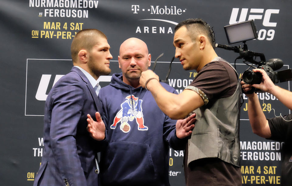 LAS VEGAS, NV - JANUARY 19:  (L-R) No. 1 lightweight contender Khabib Nurmagomedov of Russia and No. 2 lightweight contender Tony Ferguson face off during the UFC 209 Ultimate Media Day event inside The Park Theater on January 19, 2017 in Las Vegas, Nevada. (Photo by Juan Cardenas/Zuffa LLC/Zuffa LLC via Getty Images)