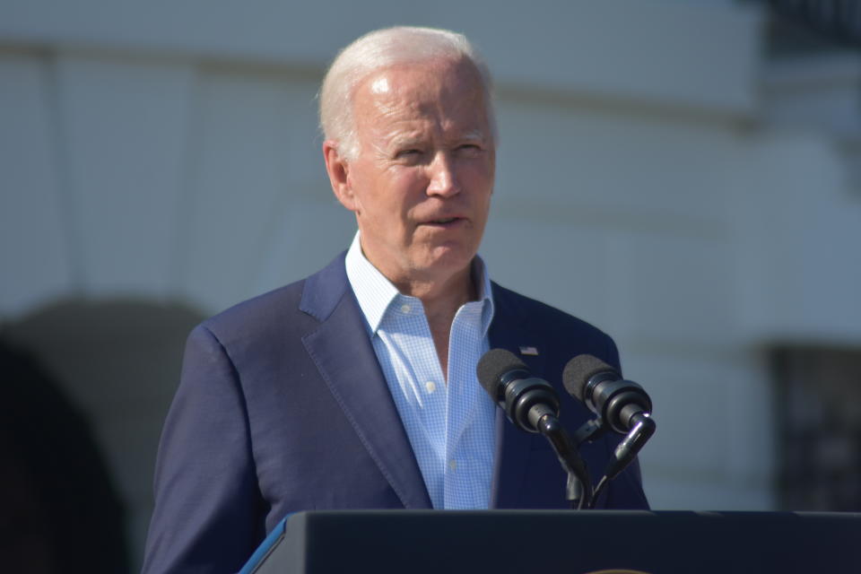 WASHINGTON, DC, USA - JULY 4, 2022: U.S. President, Joe Biden delivers remarks at a Fourth of July celebration on the South Lawn of the White House on July 4, 2022 in Washington, United States. (Photo by Kyle Mazza/Anadolu Agency via Getty Images)