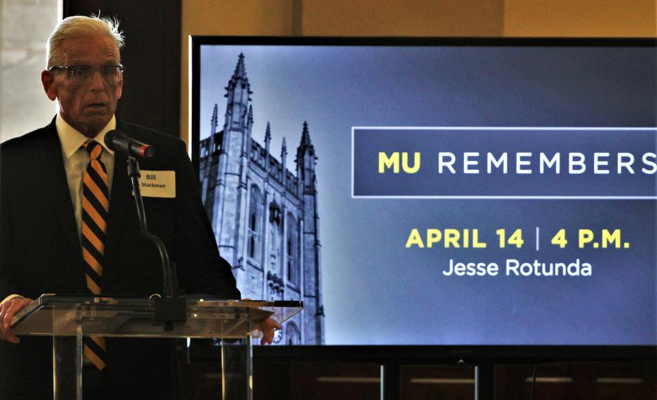 University of Missouri Vice Chancellor for Student Affairs and Dean of Students Bill Stackman speaks during the MU Remembers memorial on April 14, 2023, in the rotunda at Jesse Hall.