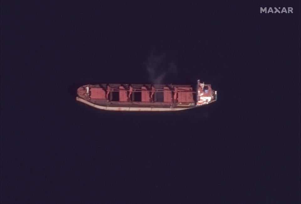 This Sunday, May 19, 2019 satellite image provided by Maxar Technologies shows the North Korean cargo ship "Wise Honest," center, in Pago Pago, American Samoa. North Korea's U.N. ambassador says the Trump administration should consider the possible consequences its seizing of the North Korean cargo ship could have on relations between the two countries and immediately return the vessel. The vessel was first detained in April 2018 by Indonesia while transporting a large amount of coal. The U.S. announced May 9, 2019, that it had seized the ship because it was carrying coal in violation of U.N. sanctions, a first-of-its kind enforcement action that came amid a tense moment in relations with North Korea. (Satellite image ©2019 Maxar Technologies via AP)