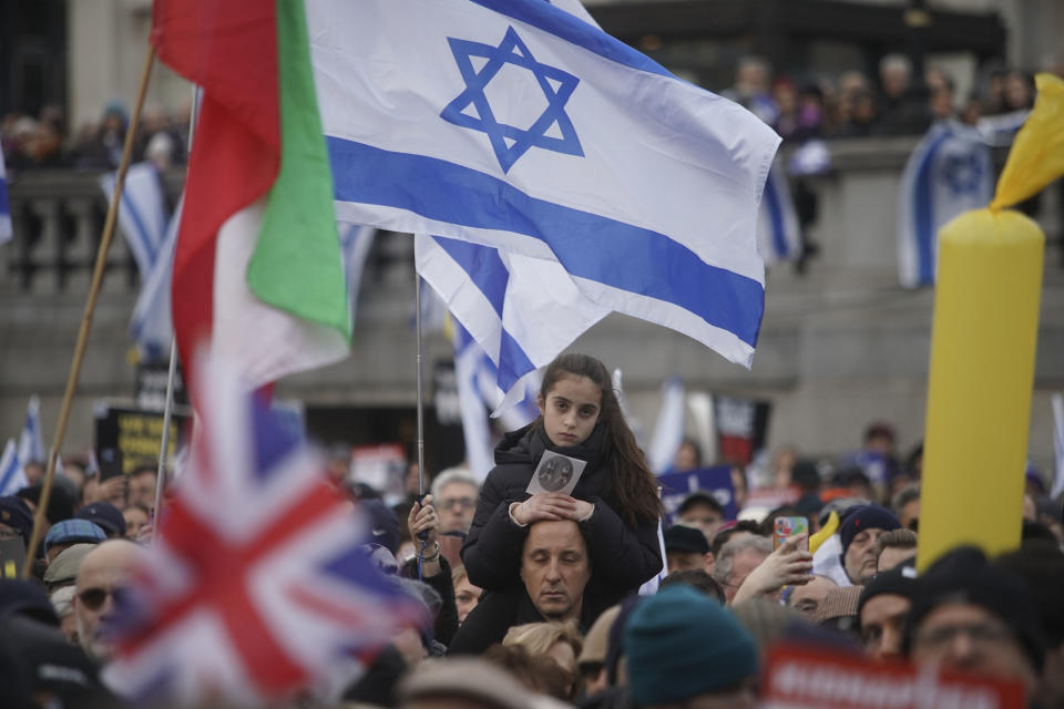 People gather during a rally supporting Israel, in Trafalgar Square, London, Sunday, Jan. 14, 2024. (Jeff Moore/PA via AP)